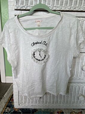 Anthropologie White Short Sleeve Tee with Black Clock Applique